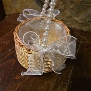 Wicker Basket with Pearl Handle and Sheer Bow